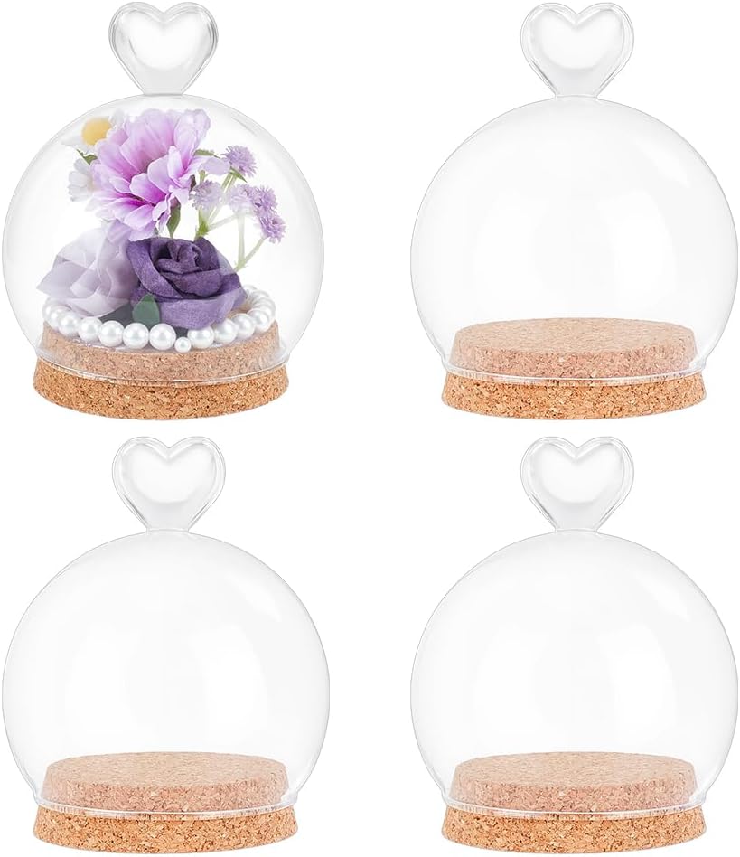 NBEADS 4 Pcs Decorative Jars Display Case, 3x4.7 Inch Heart Glass Dome Display Cloche Decorative Glass Dome Cover for Specimen Plants Rocks Flowers Storage Arts Dispaly, Round