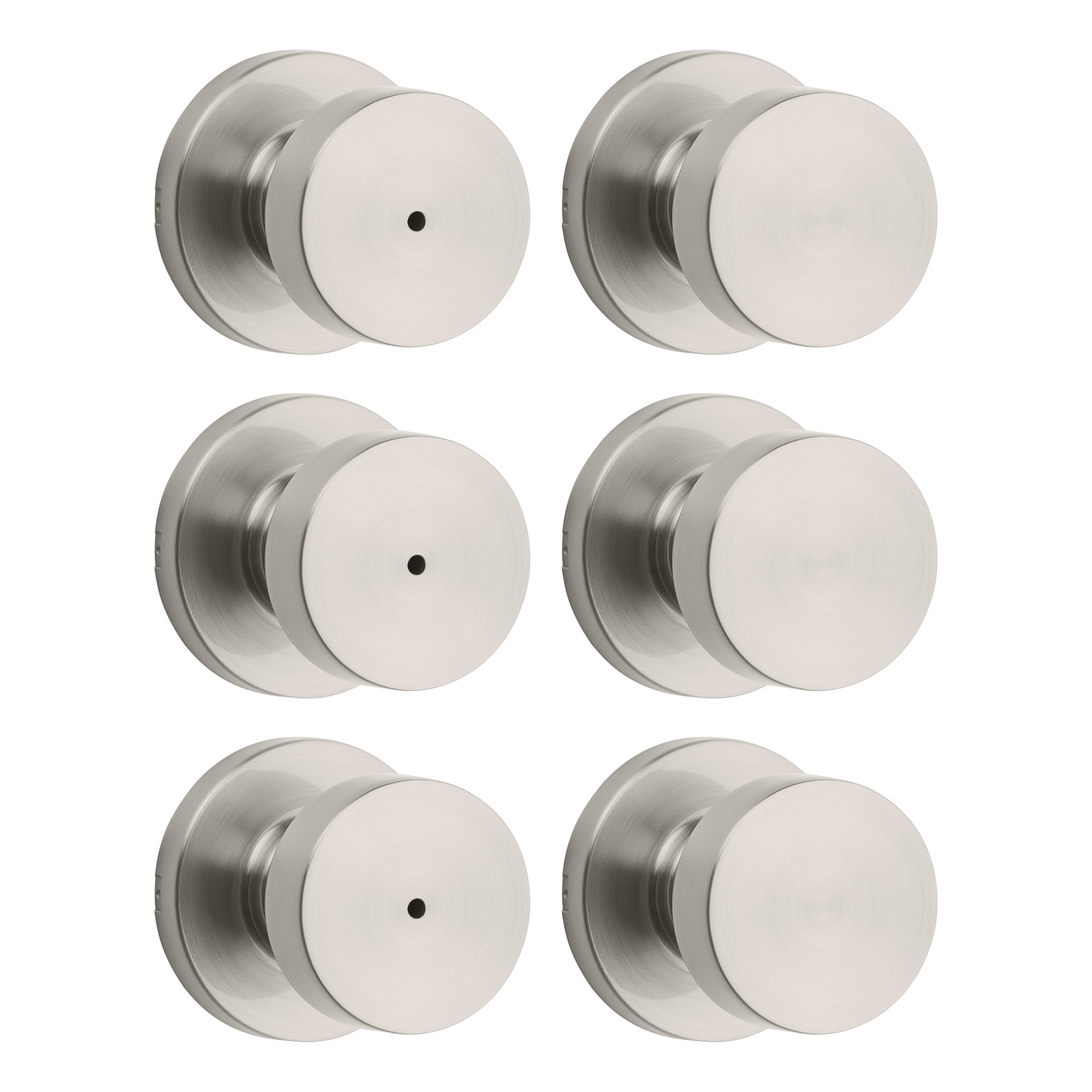 Kwikset Pismo Door Knob Set, 6 Pack with 3 Non-Locking Passage and 3 Locking Keyless Privacy Handles, with Round Rose, Featuring Microban Protection in Satin Nickel
