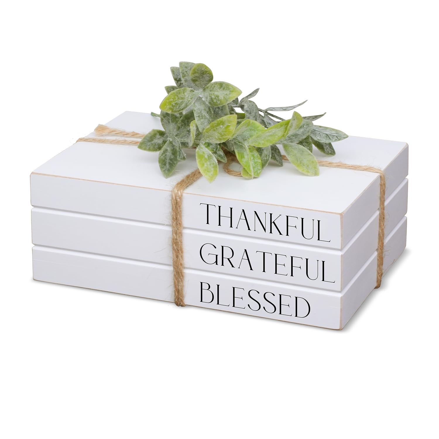 Kroucoco Thankful Grateful Blessed Decorative Wooden Books For Home Decor, White Faux Books For Display, Rustic Farmhouse Stacked Books (Thankful Grateful Blessed)