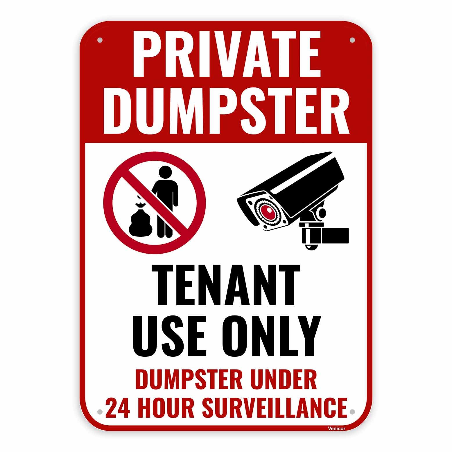 Private Dumpster Sign, No Dumping & Video Surveillance Notice, Aluminum, 12x8 Inch