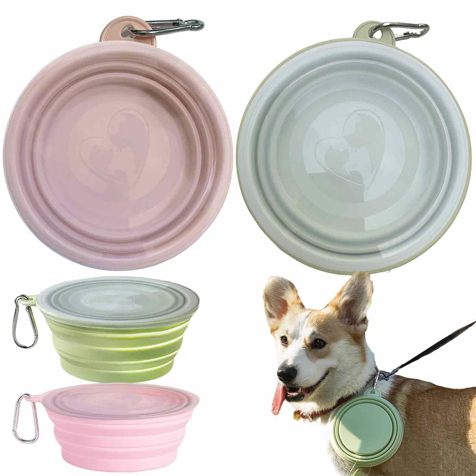 2 Cuencos Plegables de Silicona para Perros y Gatos con Tapa y mosquetón, Cuencos portátiles de Viaje para Mascotas, Ideales para Camping, Paseo y alimentación Diaria (Rosa y Cian, pequeño)