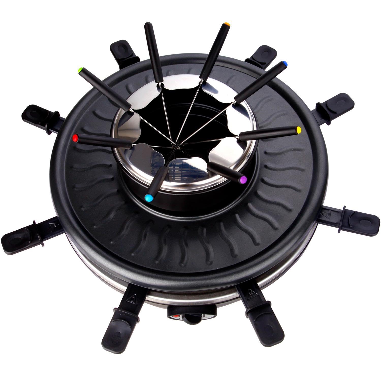Syntrox Germany Raclette-Grill Set Emailliert Wades mit Fondue und Wechselplatten, Multifunktions Raclette, Pancake Crepe Maker, 8 Personen, 1350 Watt, Antihaftbeschichtet, Platzsparendes Küchengerät