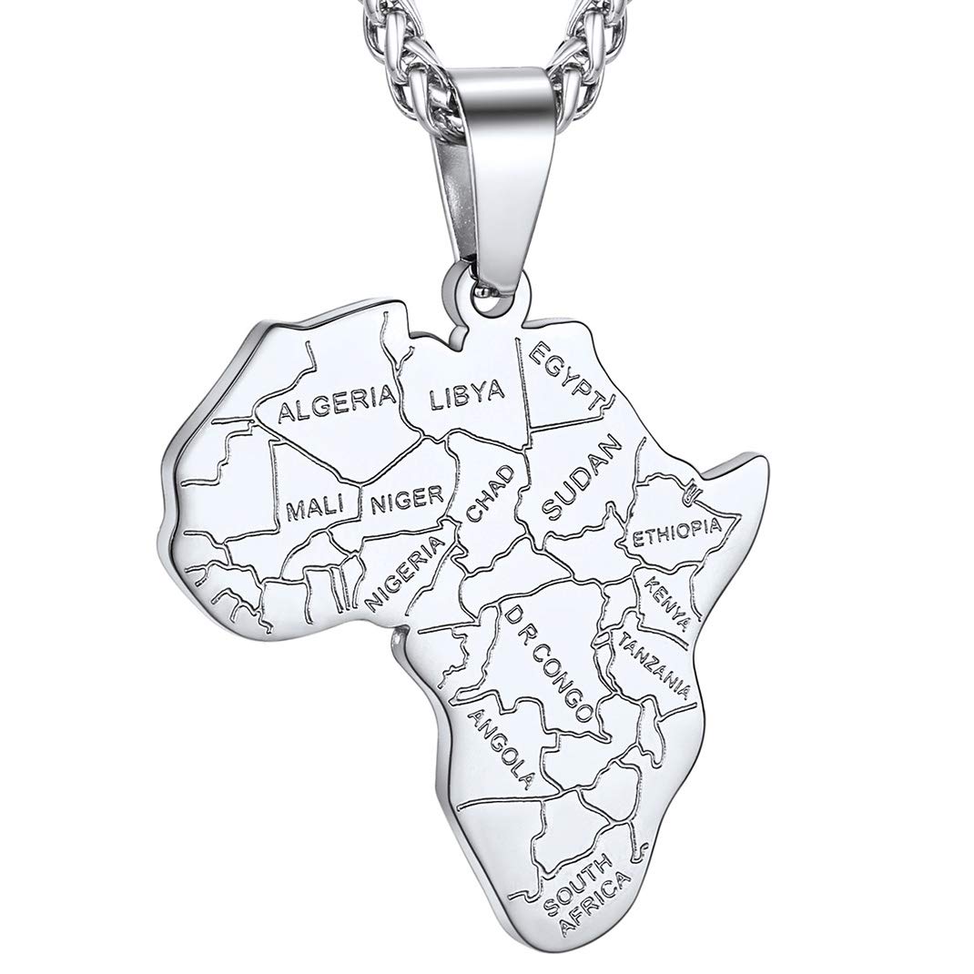 GoldChicAfrica Map Necklace for Men, Stainless Steel African Tribal/Egyptian Eye of Horus/I LOVE AFRICA/Elephant Africa Map Hiphop Jewelry Unisex with 22”+2”Adjustable Chain
