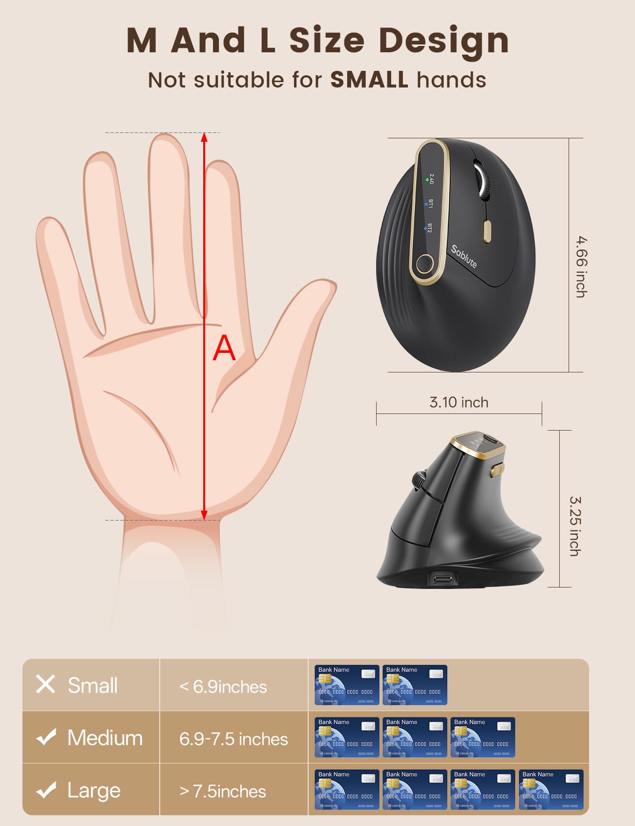 SABLUTE MAM4 Ergonomic Vertical Mouse for M/L Hands, 8K DPI, Ultra-Fast Scrolling, 6 Programmable Buttons, Tri-Mode Wireless Rechargeable Mouse, 800mAh Built-in Battery, for PC/Mac/Laptop, Black - 5