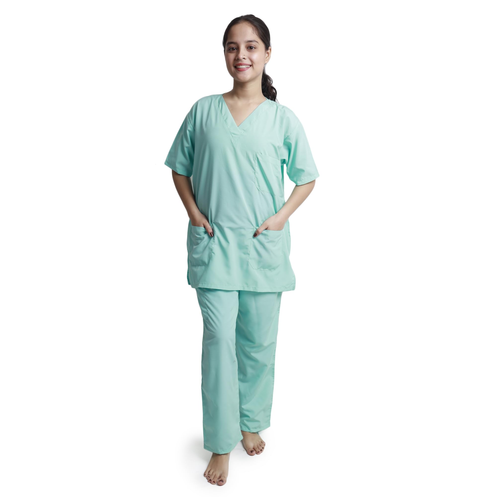 mednoon Medical Scrub Suit Set, Mint Green, V-Neck Top with Pants, Short Sleeve, Professional Healthcare Uniform with Pockets (IN, Numeric, 36, Regular)-picture-0
