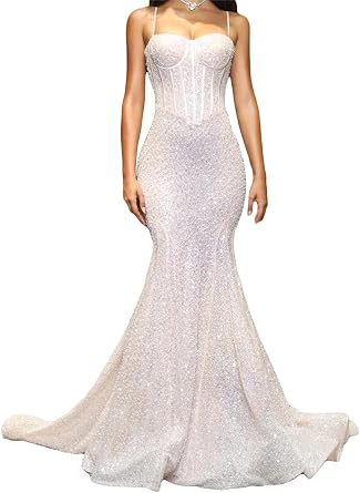 Sequins Mermaid Evening Dress Trumpet Prom Dress Pearl Spaghetti Strap Celebrity Party Gown Court Train