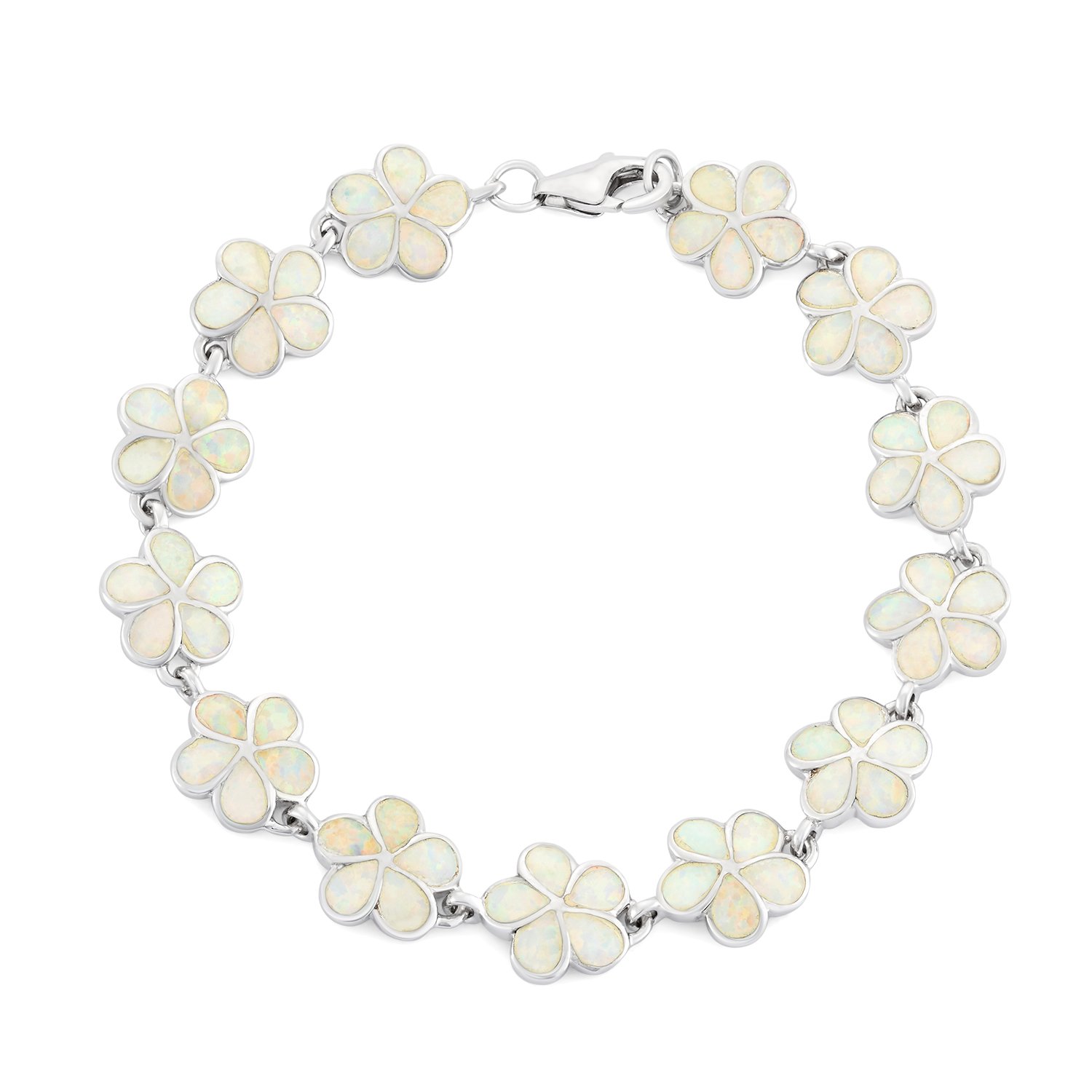 Beaux BijouxSterling Silver 7" Created White Opal Flower Link Bracelet