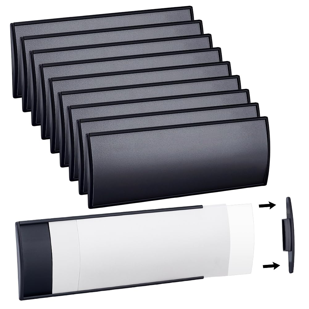 MAYJOYDIY 10 Pack Aluminum Name Plate Holder 21 x 8 cm Office Door Curved Sign Holder Self Adhesive Aluminum Nameplate Frame for Business Corporate Use Office Wall Door Table Meeting, Black