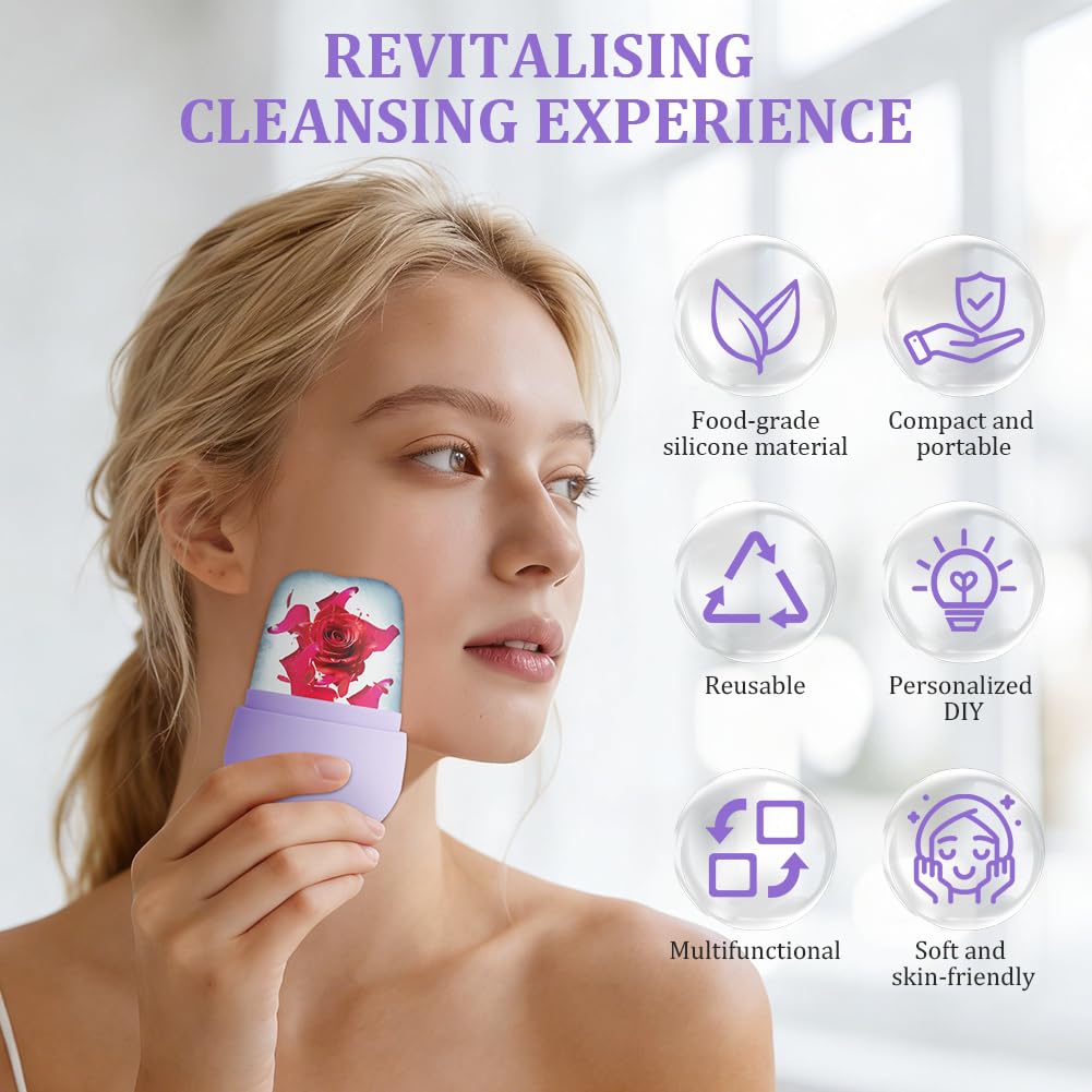 Beugo Ice Roller Facial, Hielo Cara Reutilizable de Silicona, Rodillo Masaje Facial Hielo, Ojo Masaje, Belleza facial Cuidado Para reduce la hinchazón, Ojeras, Reafirmar la Piel, Morado