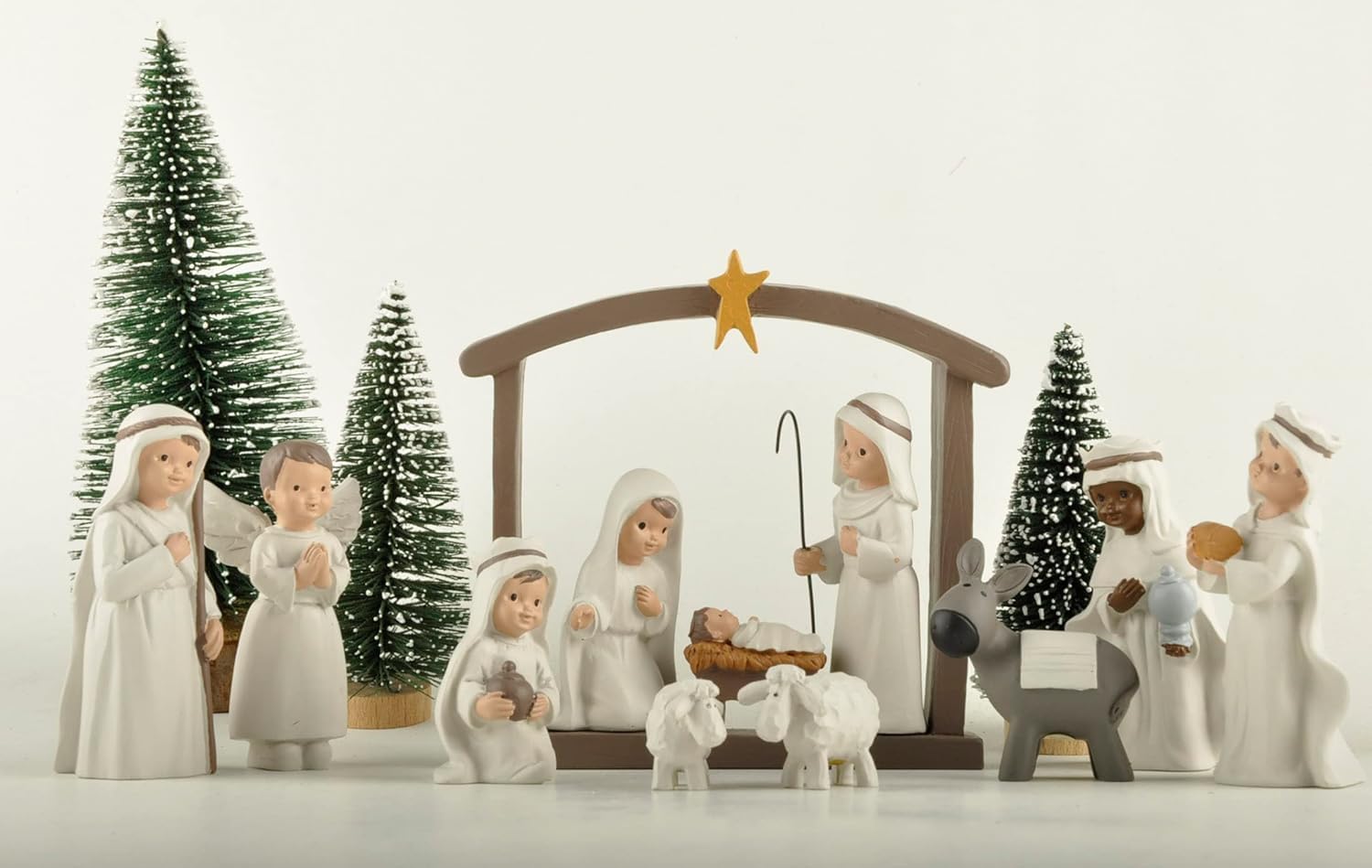 MeritMode Weihnachtskrippen-Set, 12-teilig Heilige Familie Figur handbemalt Mini Deko religiöse Weihnachtsfiguren Krippenfiguren Krippenfiguren inkl. Jesuskind, Maria und Josef, Kunstharz, cremeweiß