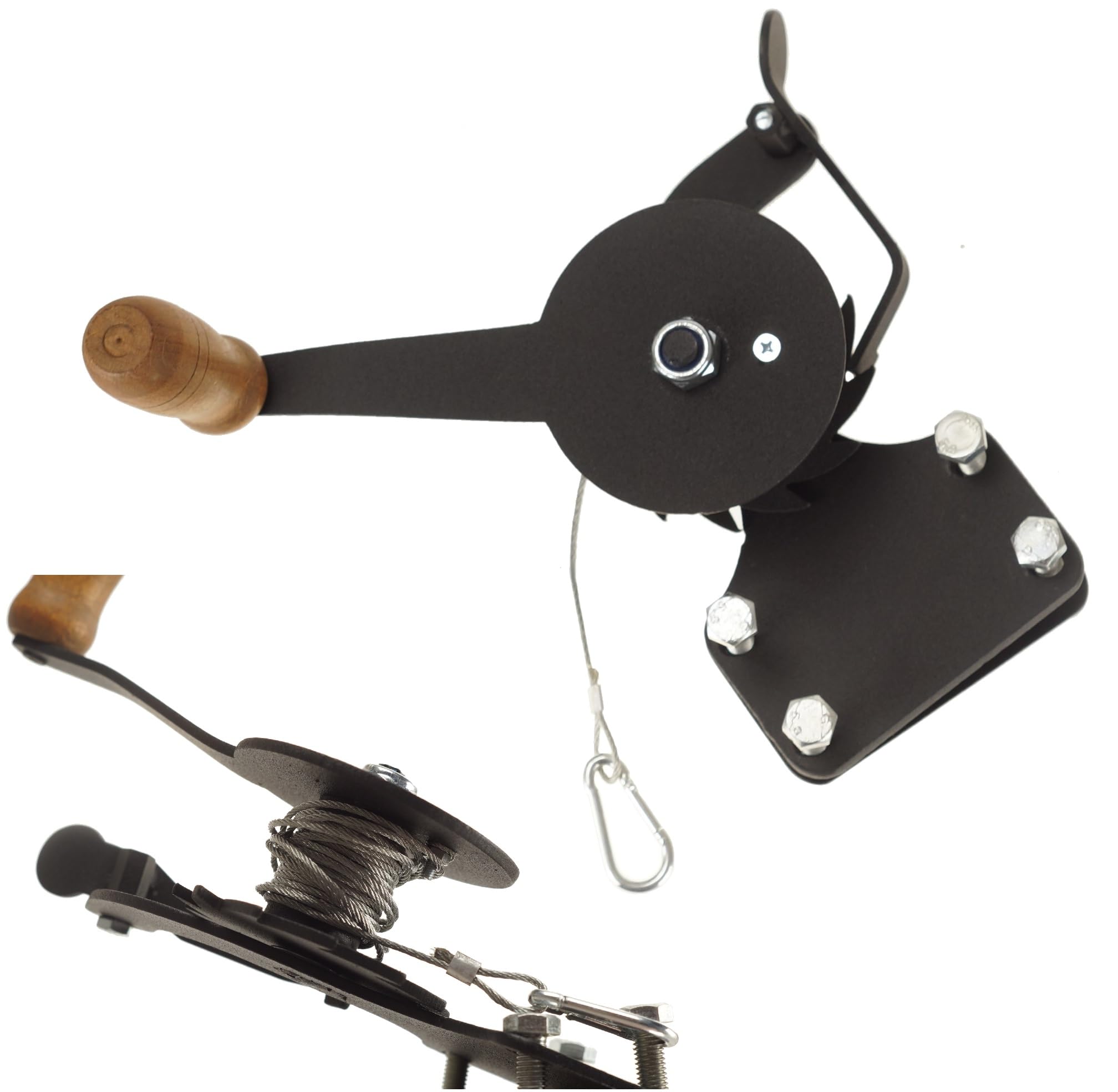 Seilwinde hand mit Kurbel und Karabiner - für Grill Barbecue - Handwinde fuer Schwenkgrill - Handseilwinde klein - Seilzug - Handkurbel - Handwinden - Grillrostwinde aus Stahl - Holzgriff