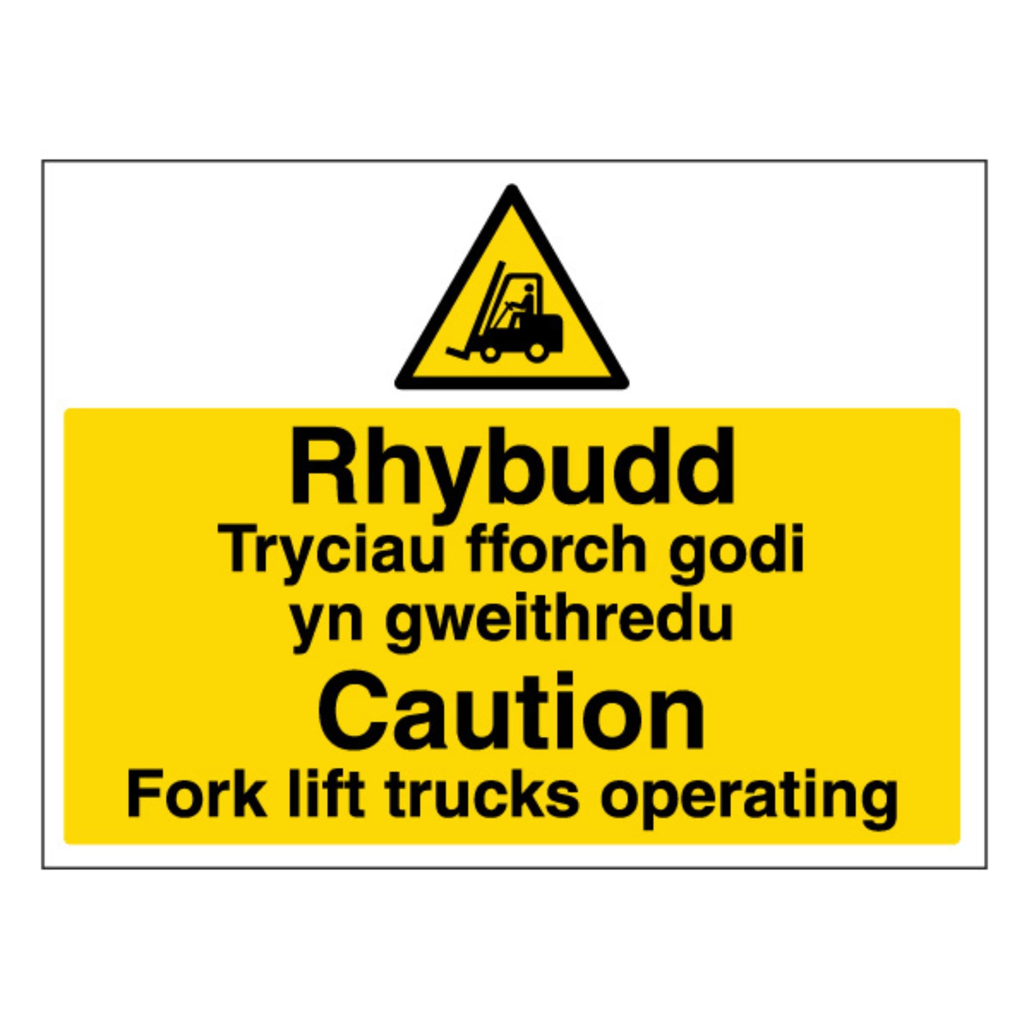 V Safety Welsh/English - Caution Fork Lift Trucks Operating - Landscape 400 x 300 mm - 2mm 100% Recycled Rigid Plastic Safety Sign