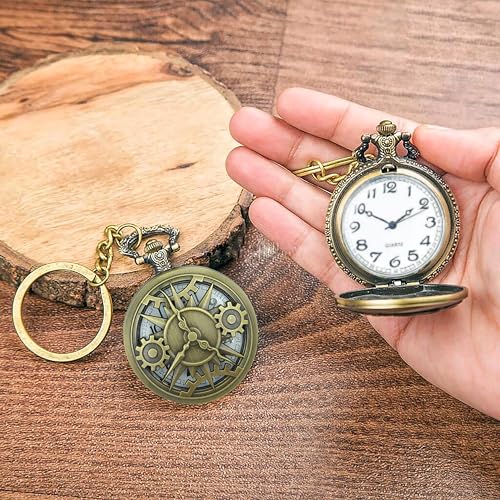 Seven-Square-Premium-Pocket-Watch-Gear-Machine-Antique-Key-Chain-Vintage-Bronze-Analog-Pocket-Watch-Stainless-Steel-Metal-Car-Bike-Home-Keychain-with-Key-Ring-Anti-Rust-Gift-for-Men-Women