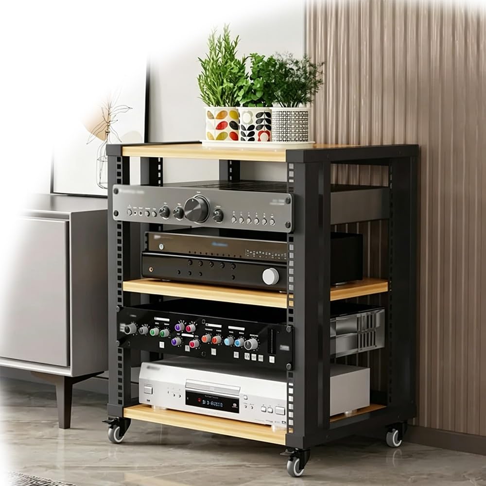 KLerDH Media Racks, Adjustable AV Media Stand With Wheels 2/3/4-Tier Hifi Audio Rack(Light Walnut,3 Tier)