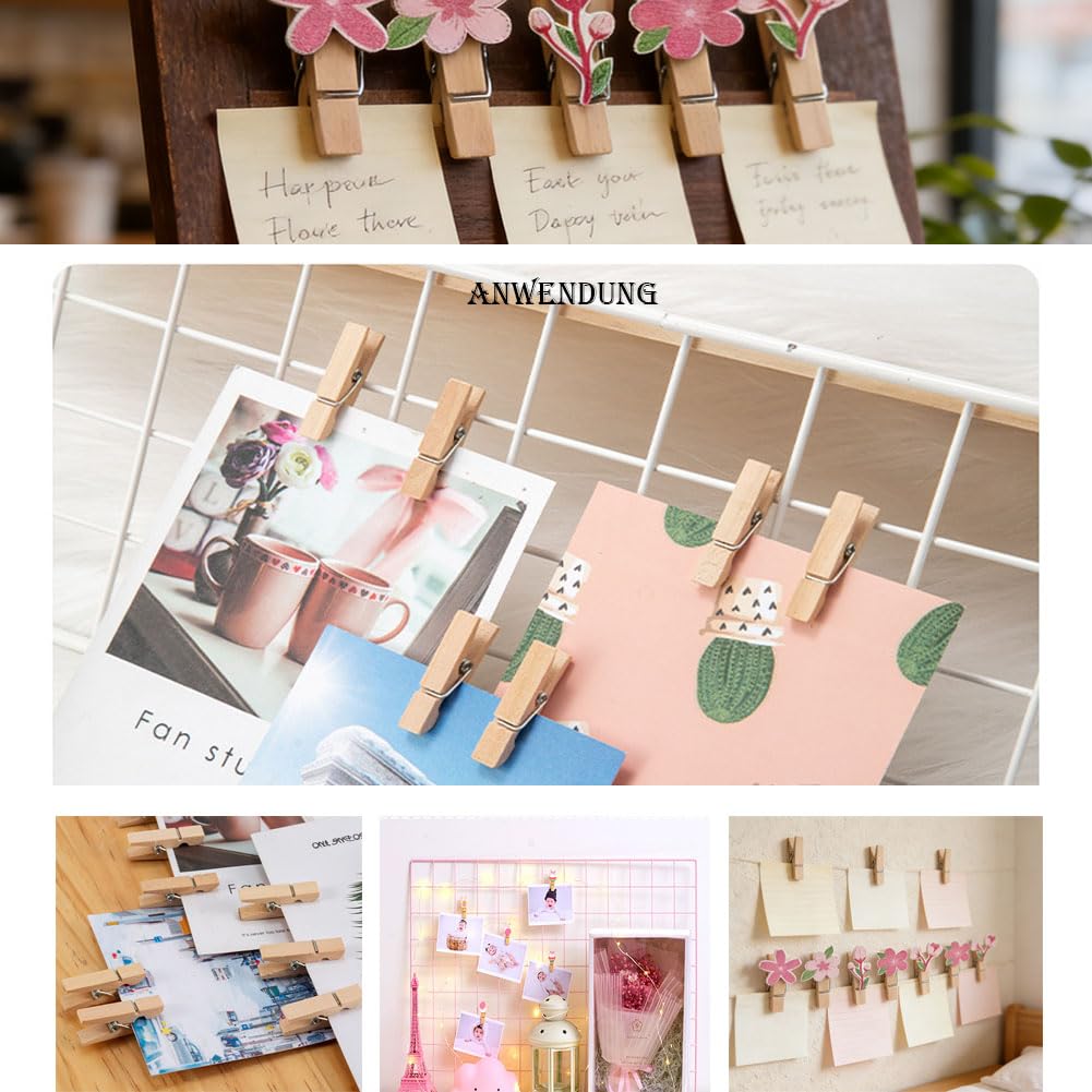 Mini pinzas para la ropa, 100 unidades, pinzas de madera, pinzas decorativas pequeñas, pinzas para fotos, pinzas decorativas con cuerda, clips de madera para soporte de fotos, manualidades