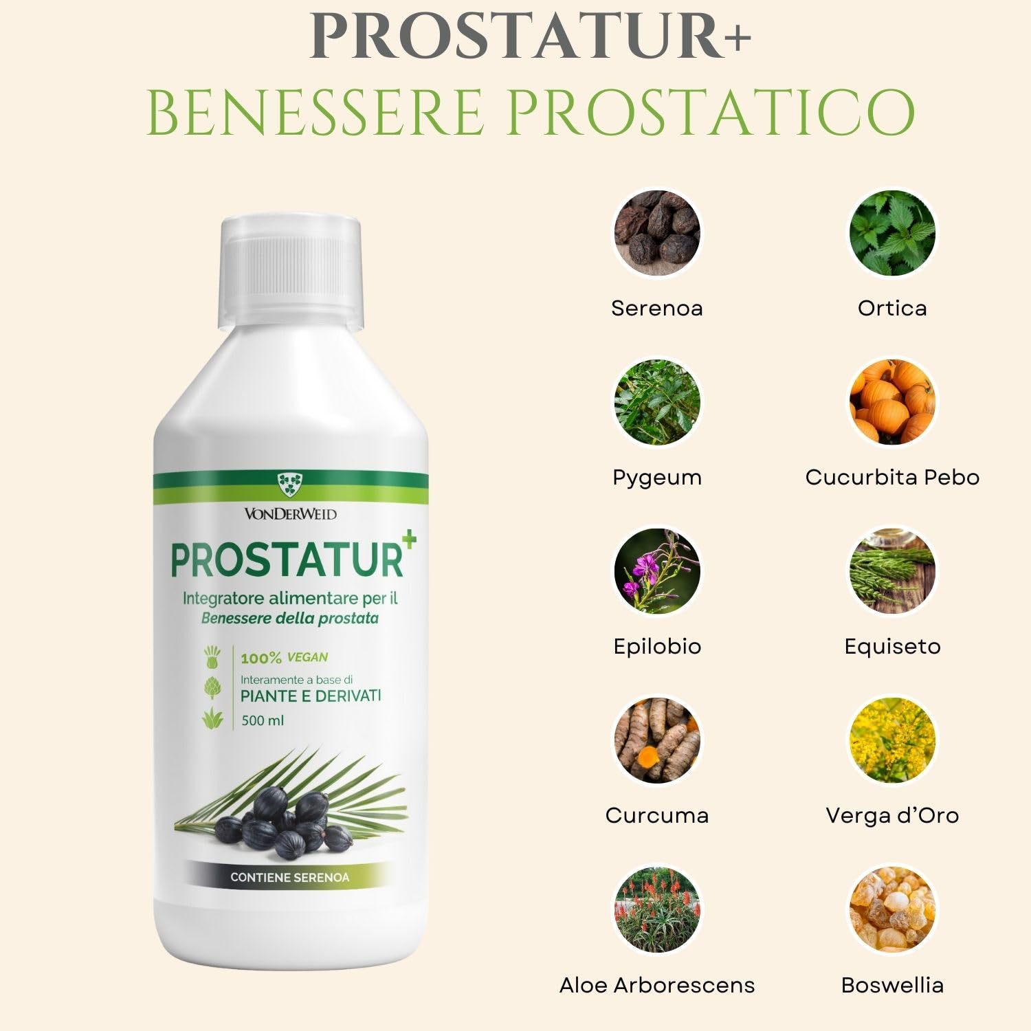PROSTATUR+ | Integratore Prostata | Antinfiammatorio Prostata con Serenoa Repens, Pygeum Africanum, Epilobio, Ortica, Aloe + Zinco e VitaminaD | Integratore Naturale alle 10 Erbe | 500 ml