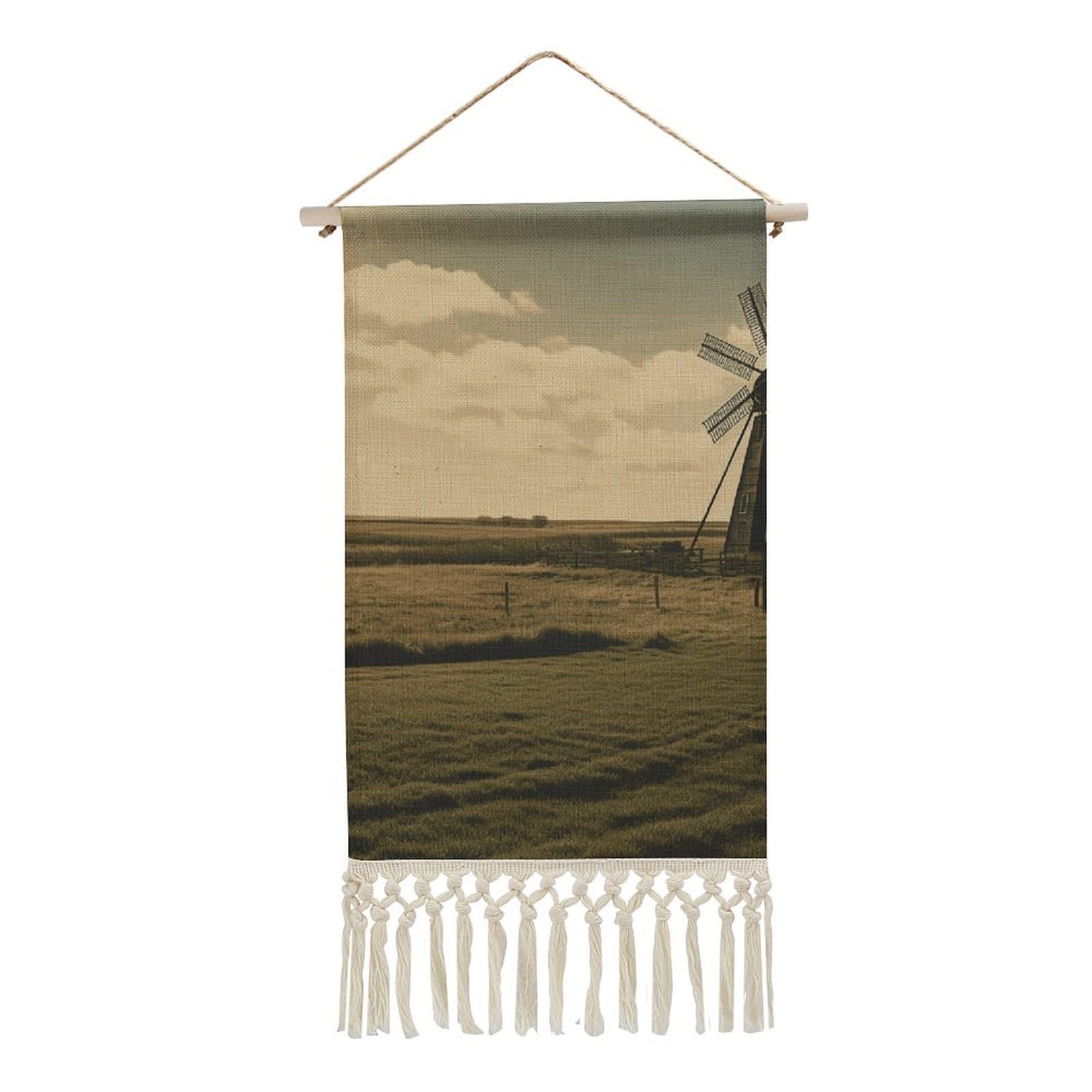 Vintage Black Windmill on The Prairie Wall Art Poster Hanger Frame Vertical Tassel Tapestry Cotton Linen Hanging Poster Decorative Wall Art Prints Vintage Wall Art Decor for Home Bedroom Living Room O