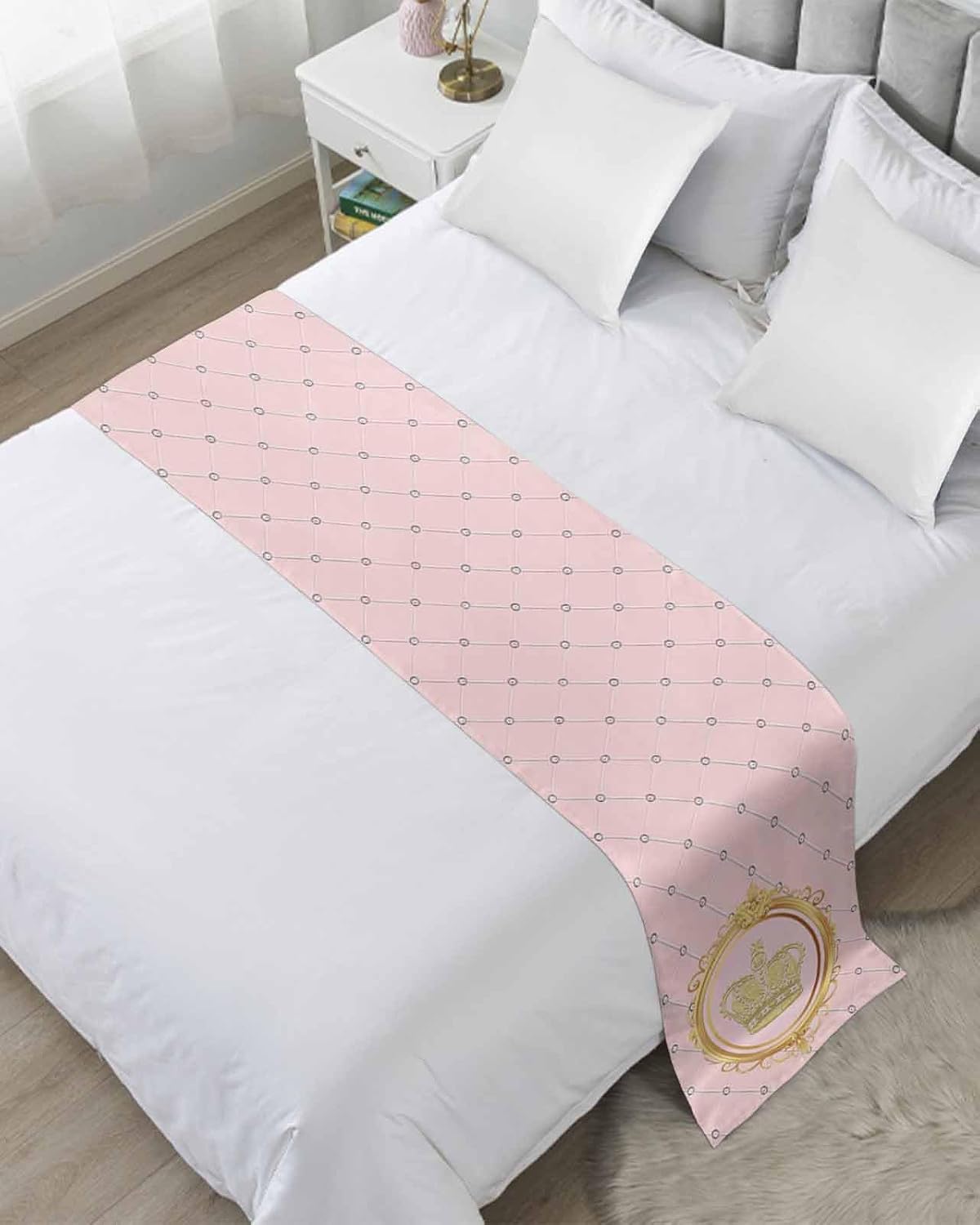 Golden Crown Bed Runner Scarf Full Queen Size, Pink Cartoon Funny Geometric Plaid Art Luxury Bed Throw Runners & Scarves for Twin Full Queen King Foot of Bed, Bedroom Hotel Decoration, 83"x20"