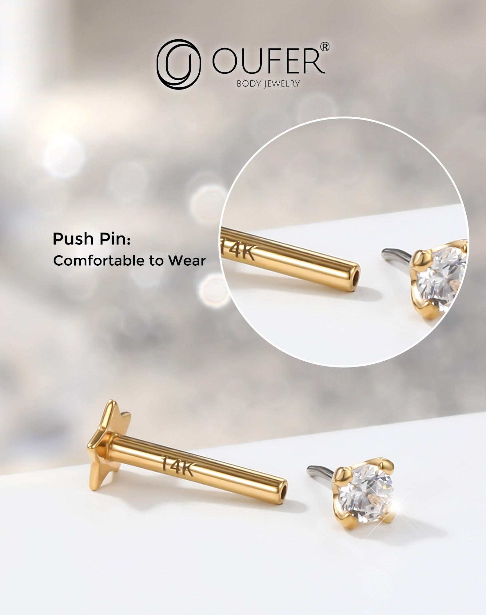 OUFER Body Piercing Labret Piercing Jewellery 6/8mm Lip Stud Push in Cartilage Earring 16G Helix Piercings Threadless Conch Tragus Piercing Jewellery Clear CZ Labret Earrings