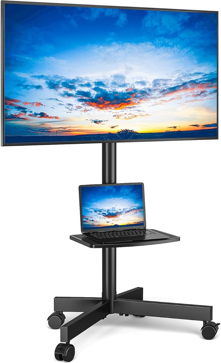 Rfiver Mobile TV Stand for 23-60 Inch LCD LED Flat/Curved Panel Screen TVs up to 88 lbs, Rolling TV Stand with Adjustable Shelf & Tilt, Portable Floor Stand on Wheels for Bedroom, Living Room, Office