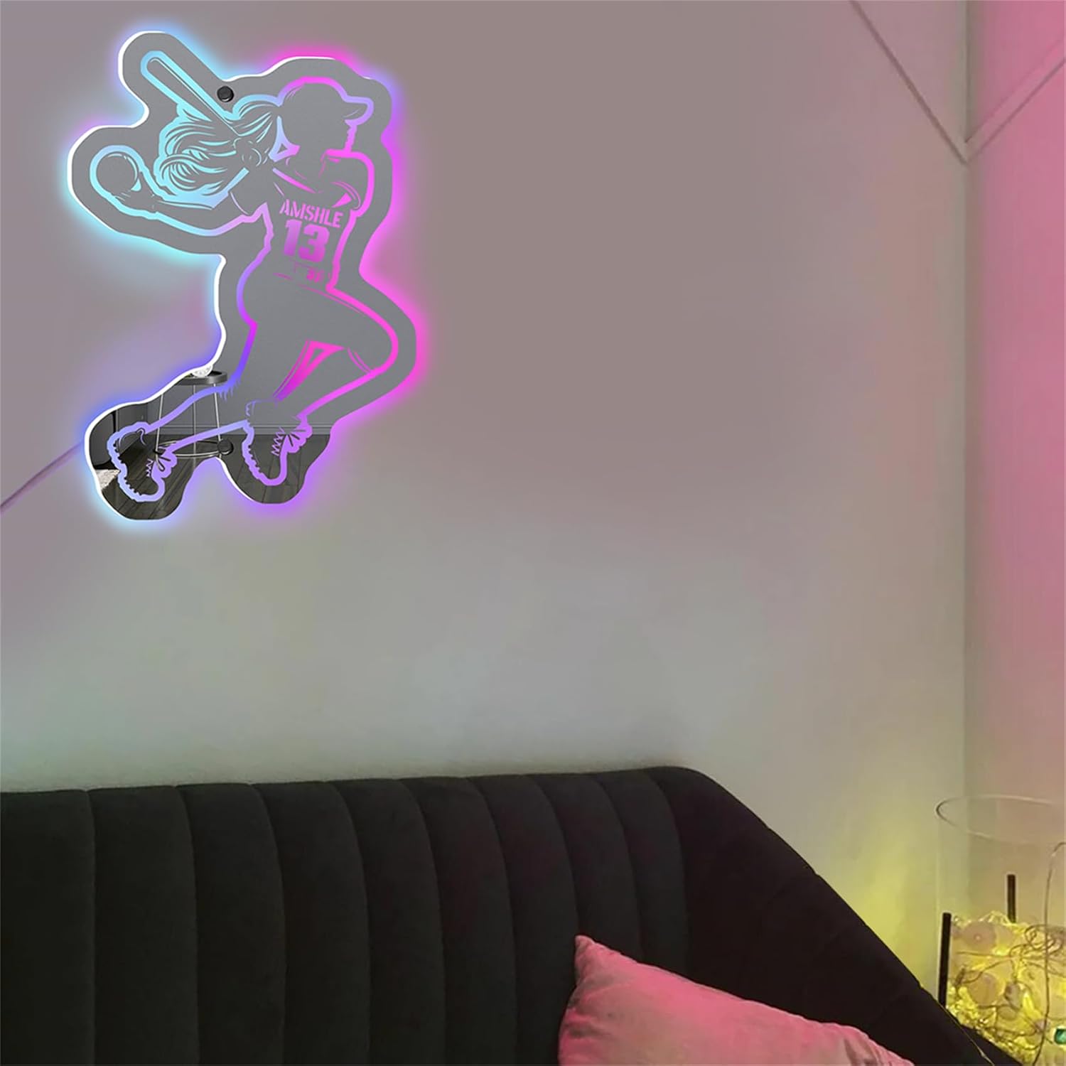 Personalized Baseball Led Mirror Light Custom Baseball Player Name Mirror Light up Sign Acrylic Baseball Mirror Wall Art Birthday Christmas Anniversary Baseball Gifts,Style 1-Baseball-3