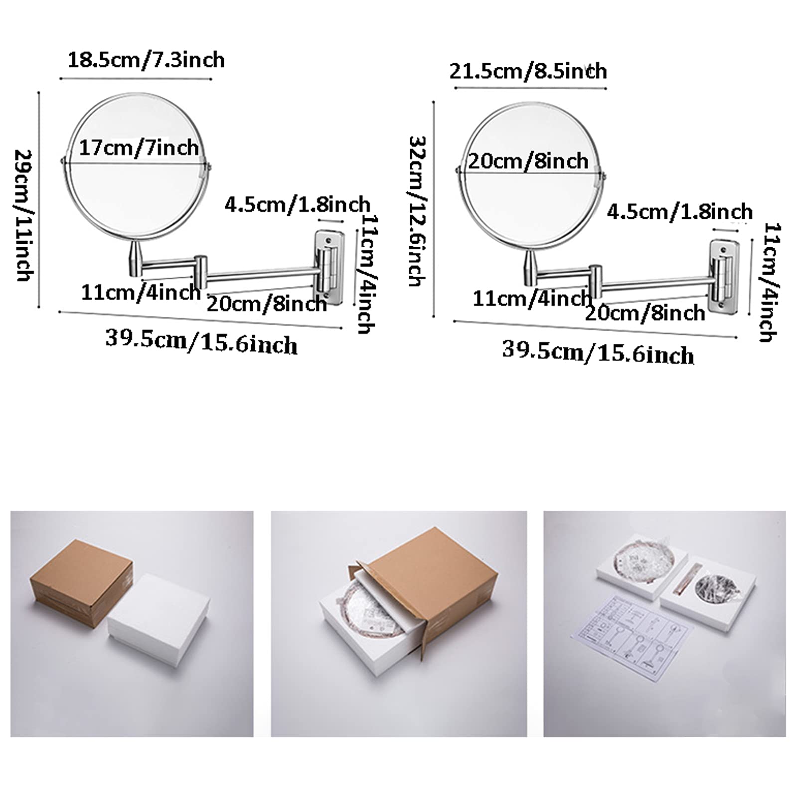 Espejo De Maquillaje Montado En La Pared,Espejo de Tocador de Pared,Espejo Cosmético de Doble Cara Espejo de Aumento,360 Giratorio,Perfecto como Regalo para Mujeres y Niñas,8inch,3X Magnifying
