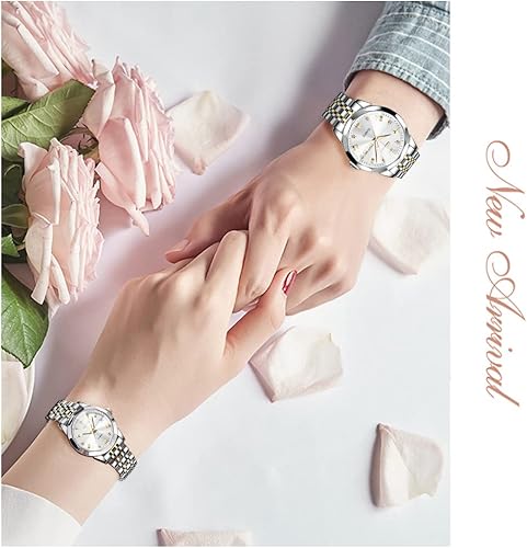 Miniatura 2 de OLEVS Reloj para parejas para él y ella reloj analógico de cuarzo para hombres y mujeres reloj de pulsera de acero inoxidable impermeable con fecha
