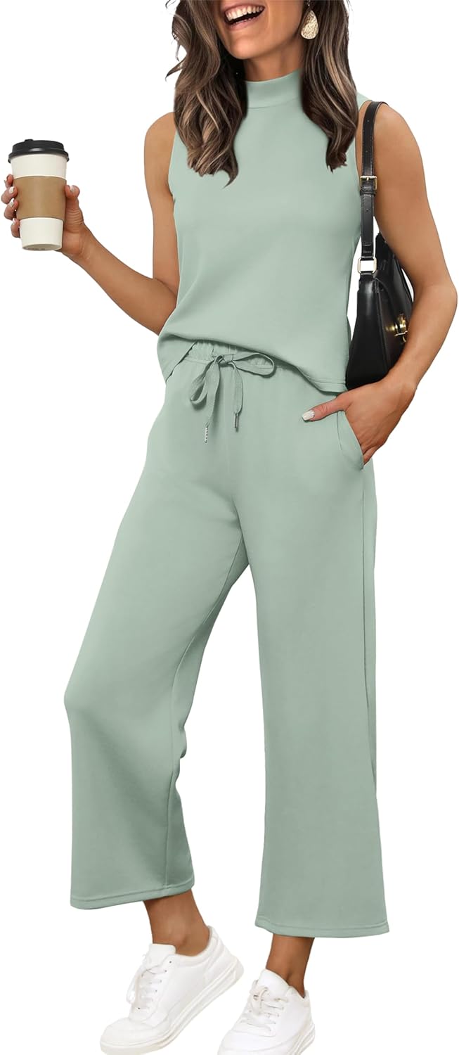 XIEERDUO Two Piece Sets for Women Summer Lounge Sets Beach Vacation Travel Outfits Casual Wide Leg Pants Matching Sets