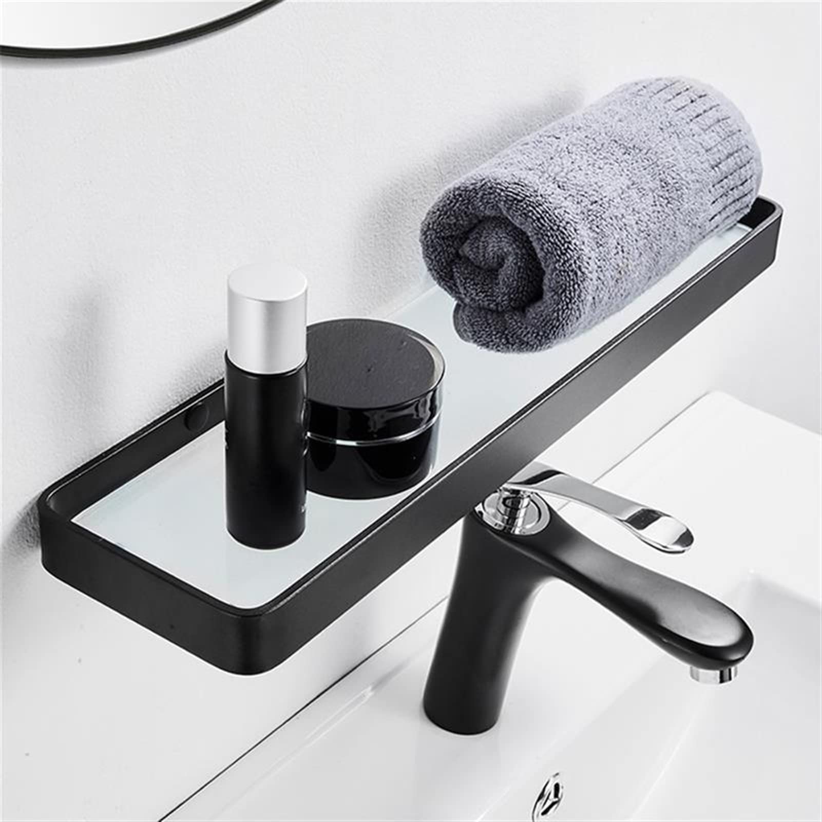 saditesdk Shower Caddy Bathroom Shelf Bathroom Shelf Aluminum Square Shower Rack Wall Mounted Tempered Glass Storage Basket Kitchen