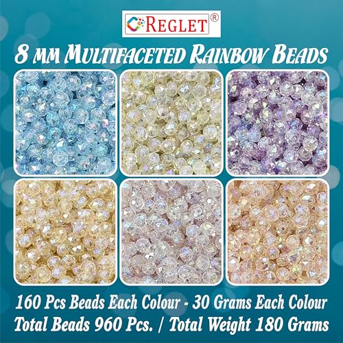 Image of 960 Pcs Multi Faceted Rainbow DIY Crystal Beads for Jewellery Making Kit - Beads for Bracelet Making Kit - Bead Craft - Acrylic - Multicolour - 180g, 8mm