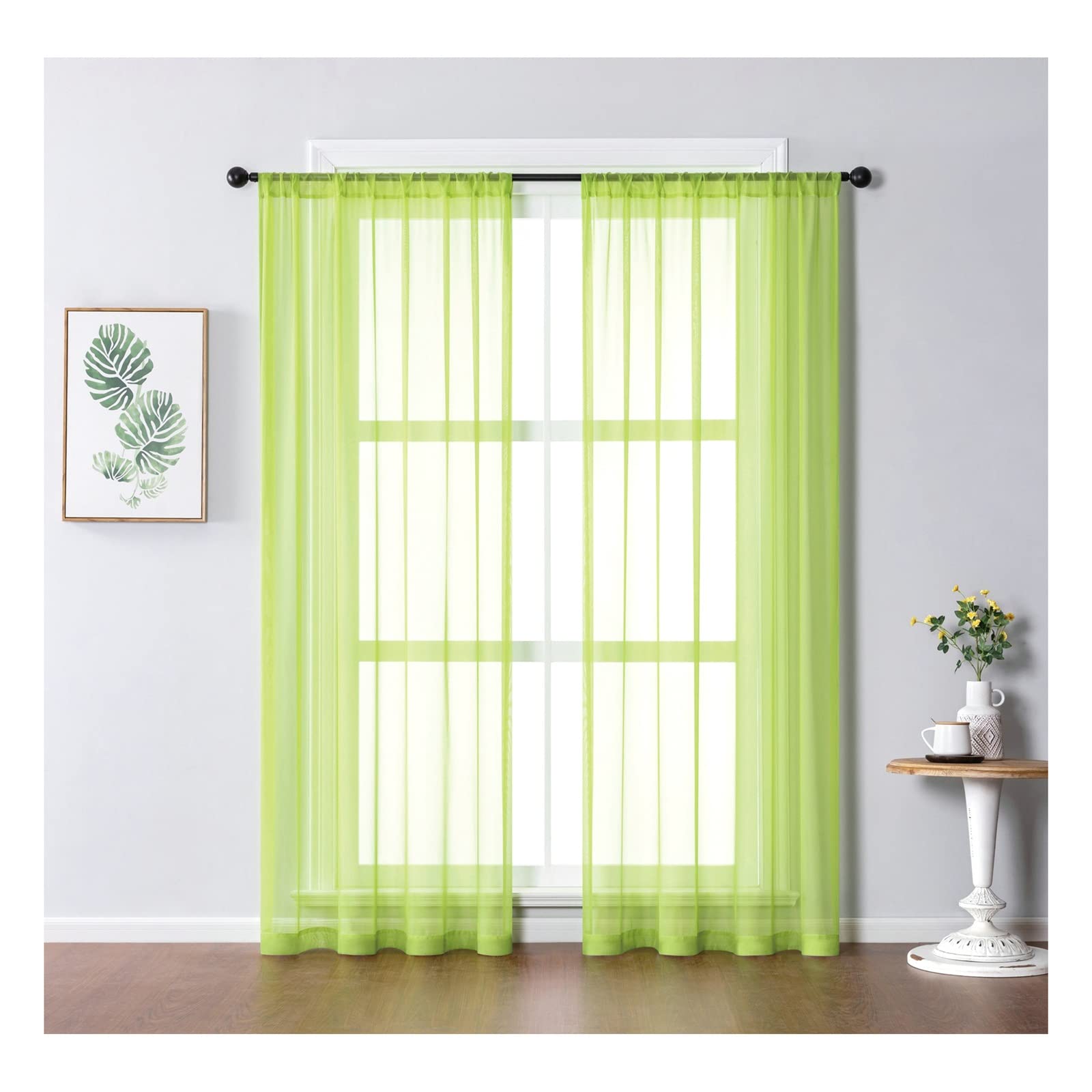 Transparent Vorhang Balkon 2er Set 2 x 137Wx244L cm,Gardinen Wohnzimmer Durchsichtig Grün Einfarbig Gardinen Vorhang mit Taschen