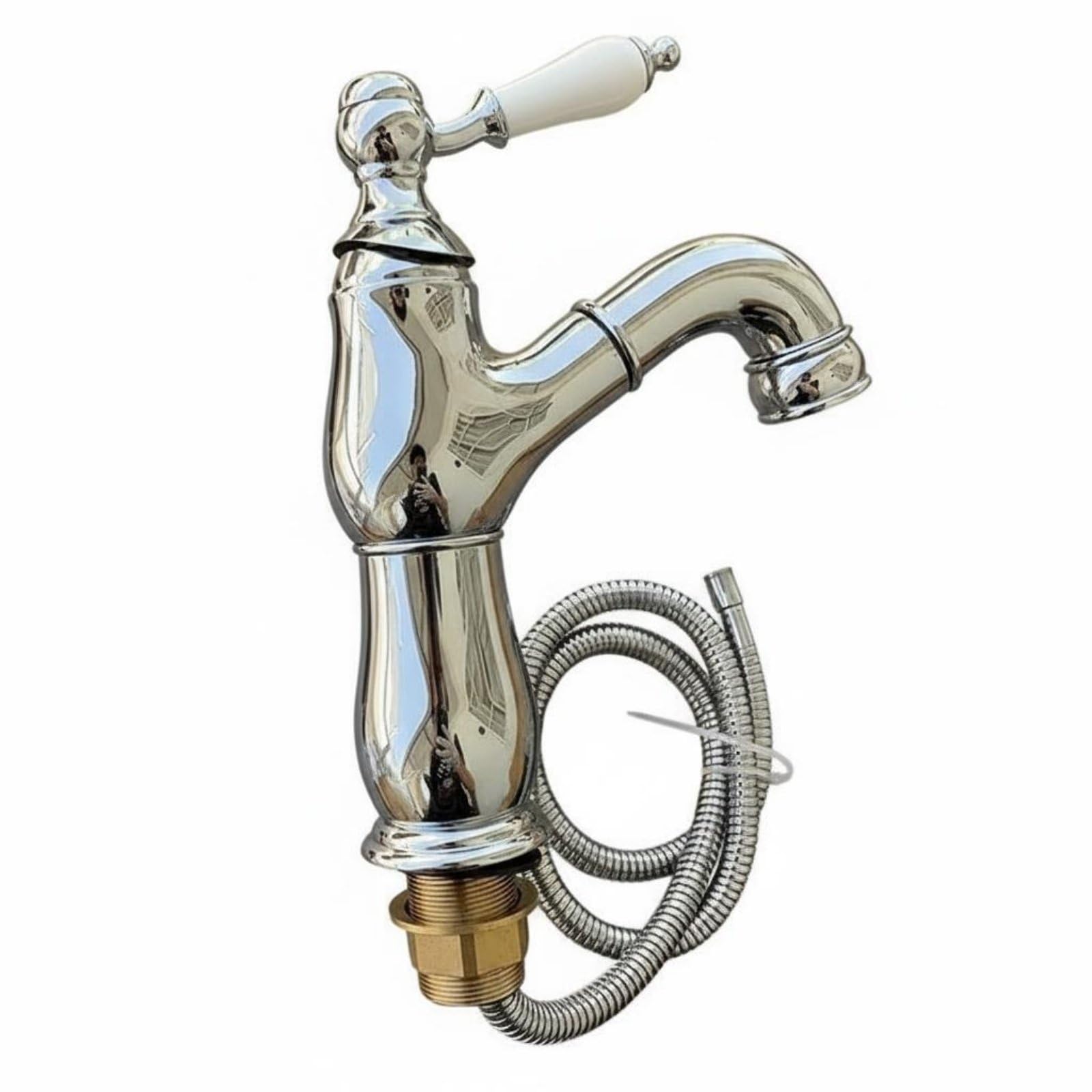 Miscelatore Lavabo Rubinetto Lavandino Rubinetteria Bagno Bocca Estraibile in Ottone con Manico in Ceramica Miscelazione Acqua Calda E Fredda Valvola, Argento, Corto Estraibile