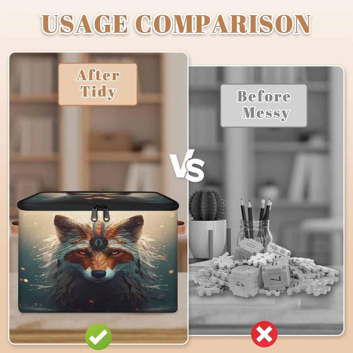 Storage Bin Set of 2 Animal Wolf Storage Basket with Zipper Lid & Handle Foldable Closet Shelf 2 Pack Cloth Organizer Basket Cube Bins Clothes Organizer for Bedroom, Nursery