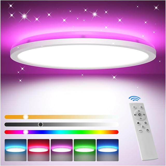 Plafoniera LED Soffitto Dimmerabile, 24W RGB Plafoniere Lampada con Telecomando, Dimmerabile 3000K-6500K, Plafoniera LED Rotonda, per camere da letto, soggiorni, bagni e camerette, Ø30CM