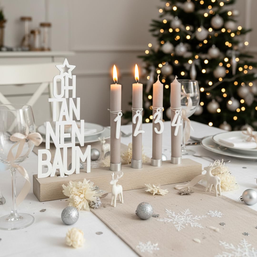 Adventskranz modern aus Holz Kerzenhalter Set länglich Adventsleiste mit Kerzen Oh Tannenbaum (weiß)