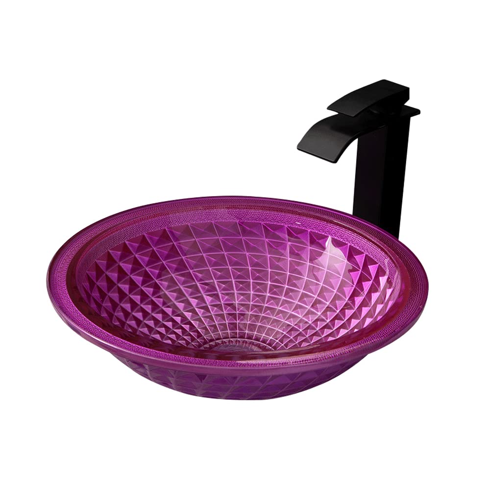 Aioneer Bathroom Vessel Sink Tempered Glass Countertop Basin Round Vessel Sink, Household Fashion Artistic Above Counter Bathroom Sinks, Vessel Sink With Faucet And Drain Combo-Pink