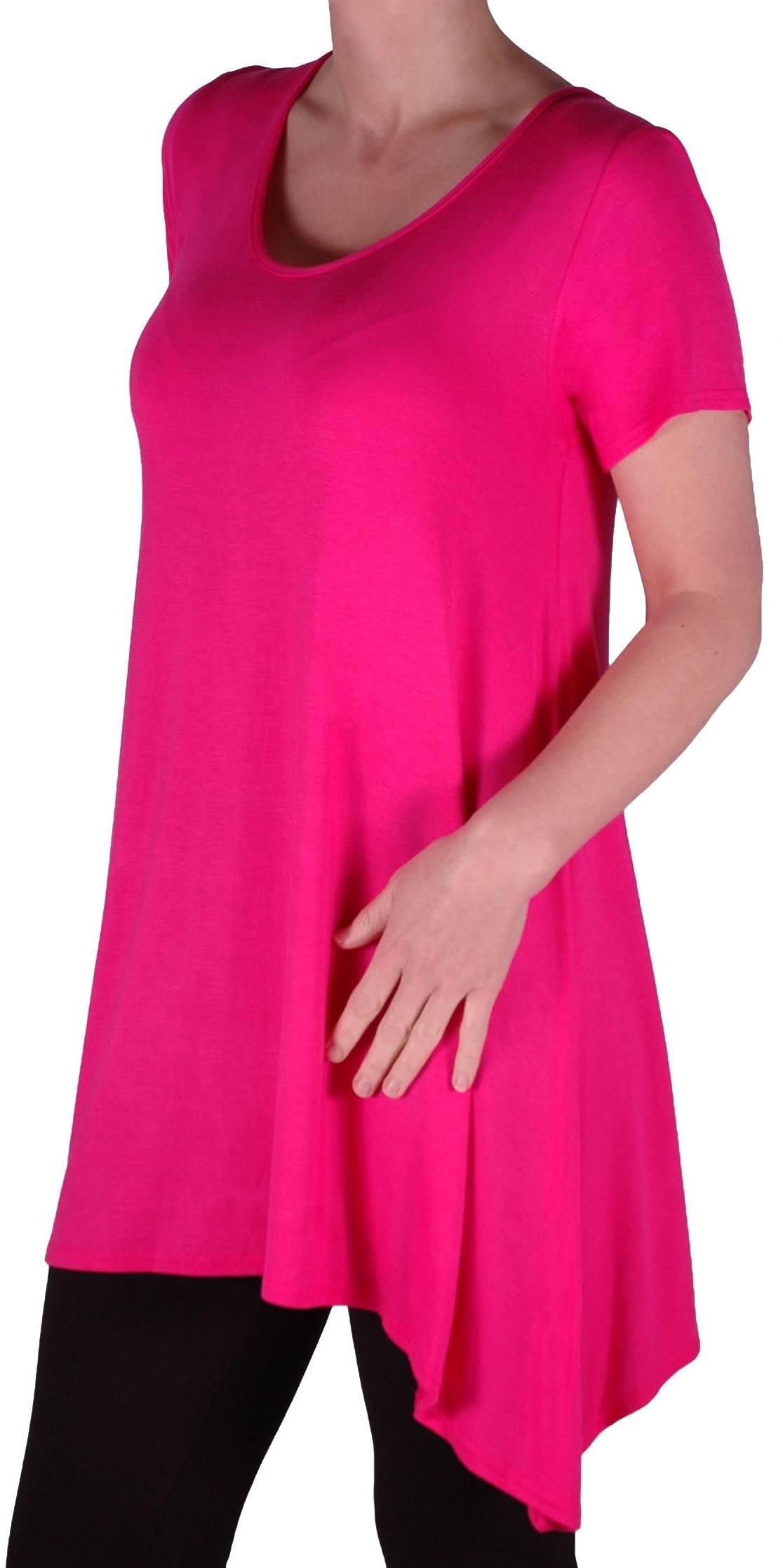 Eye Catch Women's Fushia - Geneva Casual Uneven Hem Short Sleeve Loose Plain T-Shirt Tunic Top Size 26-28
