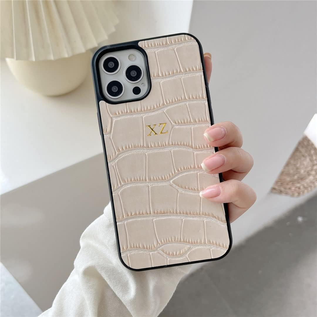 Personalise Gold Silver Initial Letters PU Leather Crocodile Case for iPhone 14 15 16 17 Pro Max 14 16 17 Pro 14plus 14 12 13 Pro Max 17 air X Xs Max 11 Pro Max XR Phone Case (Beige)