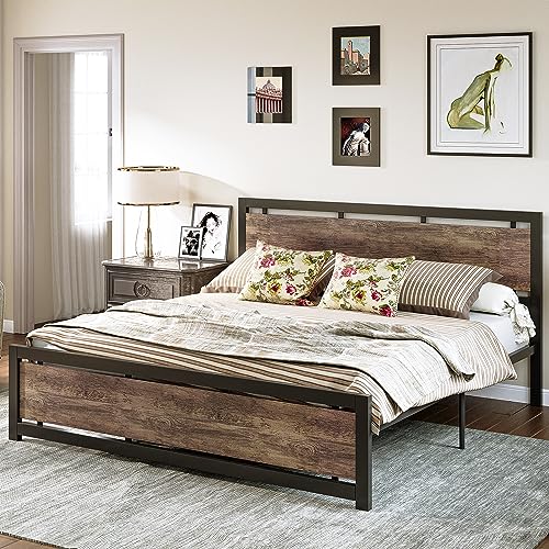 Image of LIKIMIO King Bed Frame with Headboard and Footboard, Metal Strong Supports, Easy Assembly, Noise-Free, No Box Spring Needed, Walnut