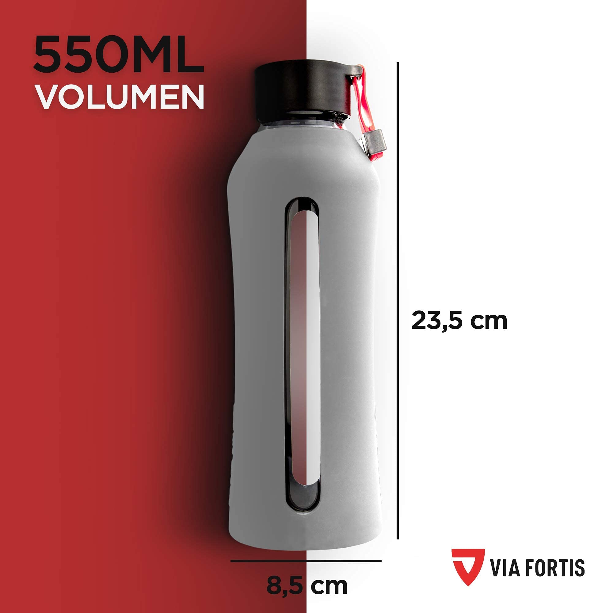 VIA FORTIS® Szklana butelka z wysokiej jakości silikonowym pokrowcem - Butelka na wodę do sportu, fitnessu, siłowni, rowerów i biura - Niełamliwa i wolna od BPA - 550ml