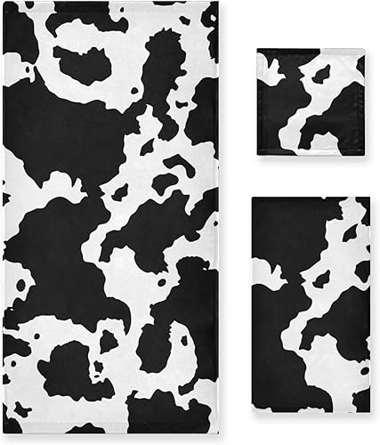 Kigai Juego de toallas de 3 piezas con estampado de vaca, 1 toalla de baño, 1 toalla de mano, 1 paño de lavado, toallas de secado rápido suaves y