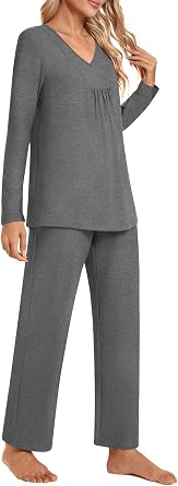 POPYOUNG 2 Piece Women's Fall Pajama Sets V Neck Long Sleeve Lounge Sleepwear Pjs Sets with Pockets