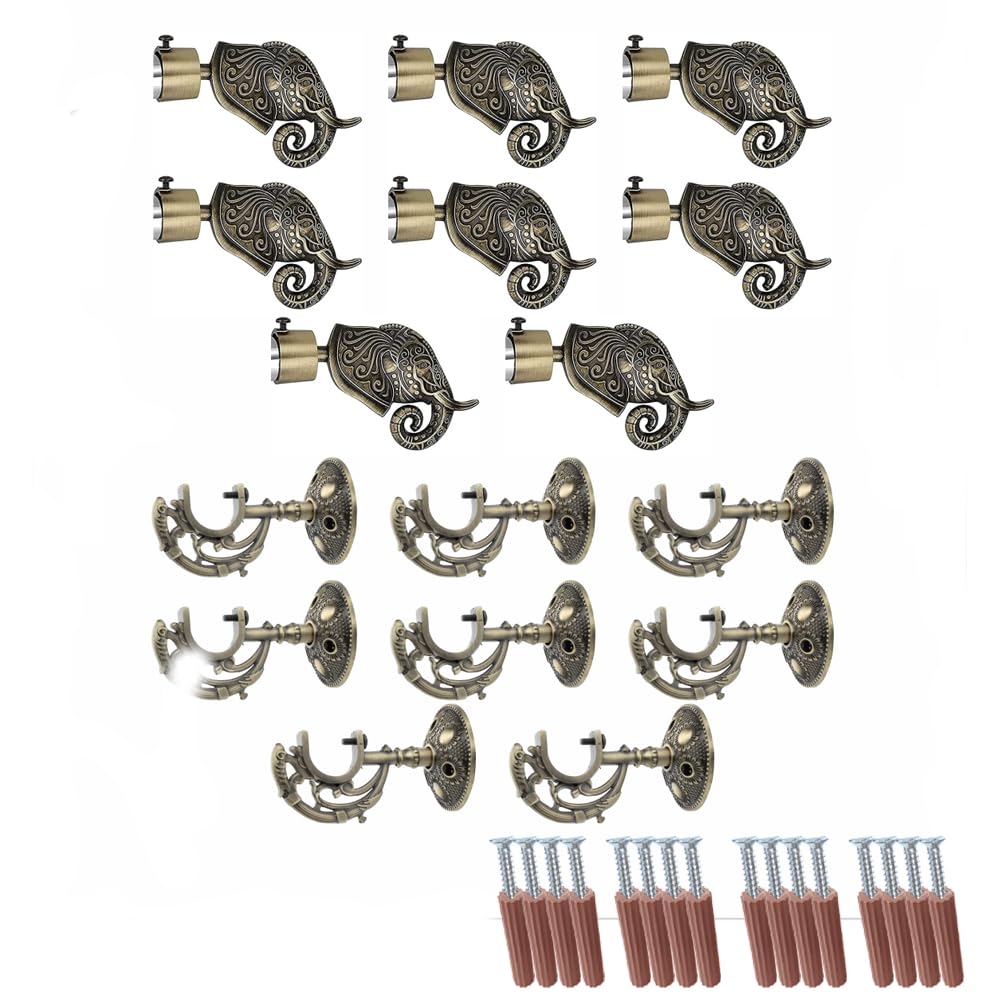 GLOXY Aluminium Rajwada Elephant Shape Antique Curtain Brackets with Support 1 Inch Rod Pocket Finials Designer Window(4 Pair) - Stylish, Durable Window Decor Solution for Elegant Home Interiors
