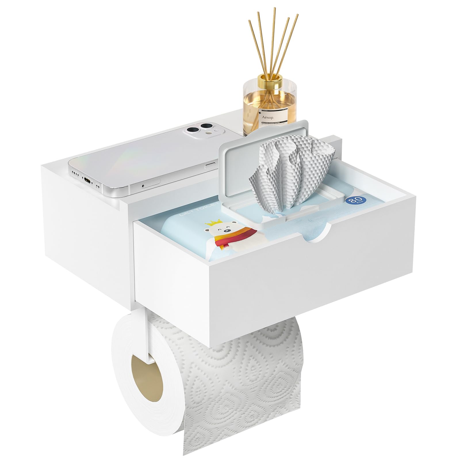 Domax Weißer Toilettenpapierhalter mit Ablage – Wandhalterung aus Bambusholz, Toilettenpapierhalter mit Aufbewahrungsschublade für Organizer, Tücher, Tampon