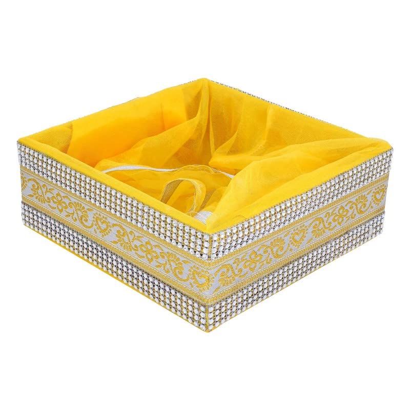 LINE 'N' CURVES Yellow Square Lace Decorative Basket for Gifts & Wedding Hampers – Small 8x8x3 Dry Fruit Basket, Multi-Purpose Storage, Ideal for Gifting, Pack of 5