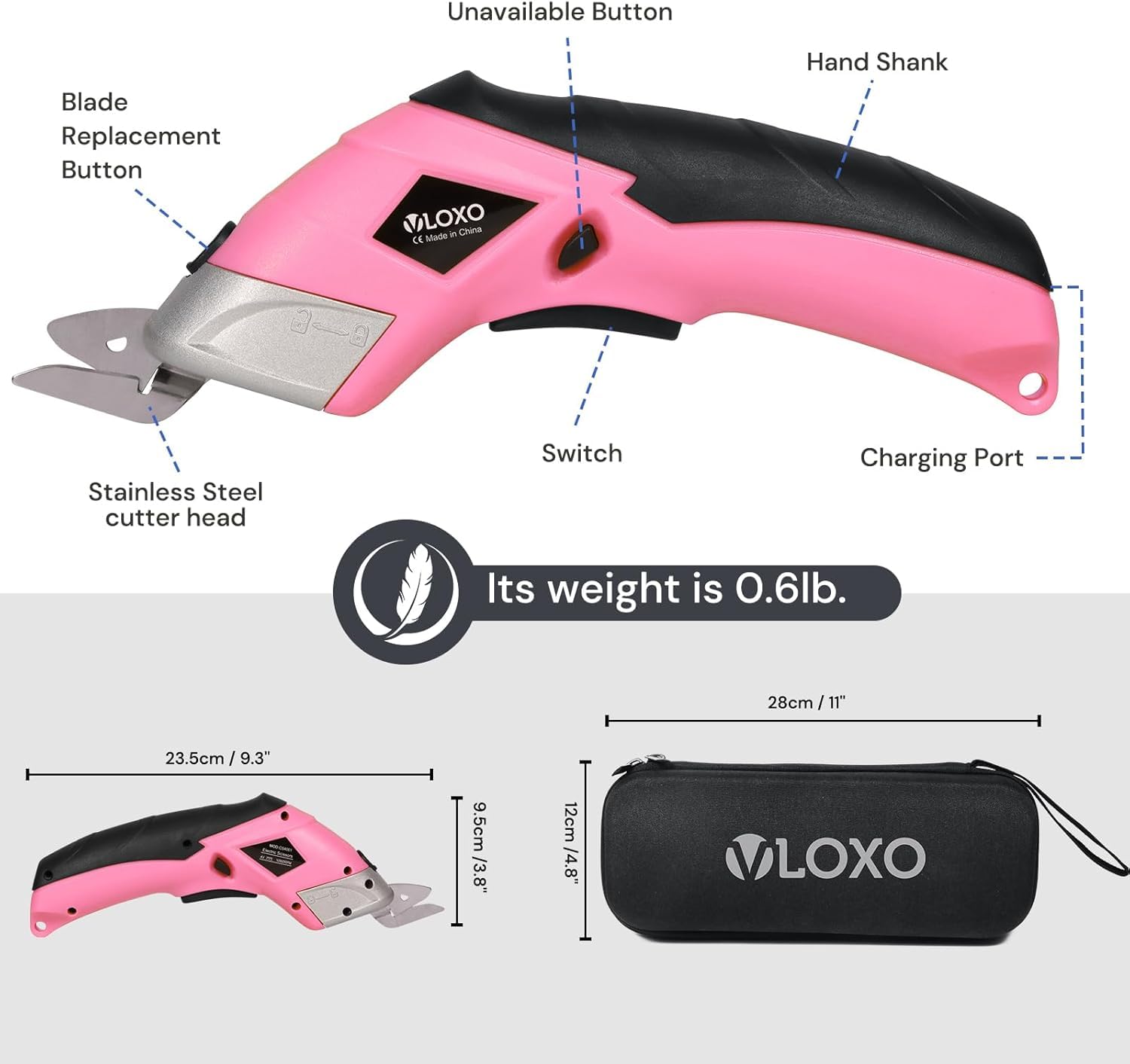 VLOXO Ciseaux Électriques Sans Fil, Ciseaux Electrique Tissu Couture avec 2 Lames, Electric Scissors pour Coupe Tissu, Carton, Cuir, Tapis, Papier, Artisanat et Bricolage – Rose