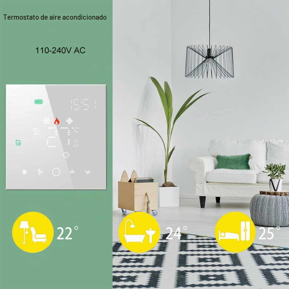 Termostato WiFi Aire Acondicionado, 4 Tubos, Pantalla LCD | Pantalla LED matricial protectora ocular,95~240V AC, compatible Alexa y Google Home