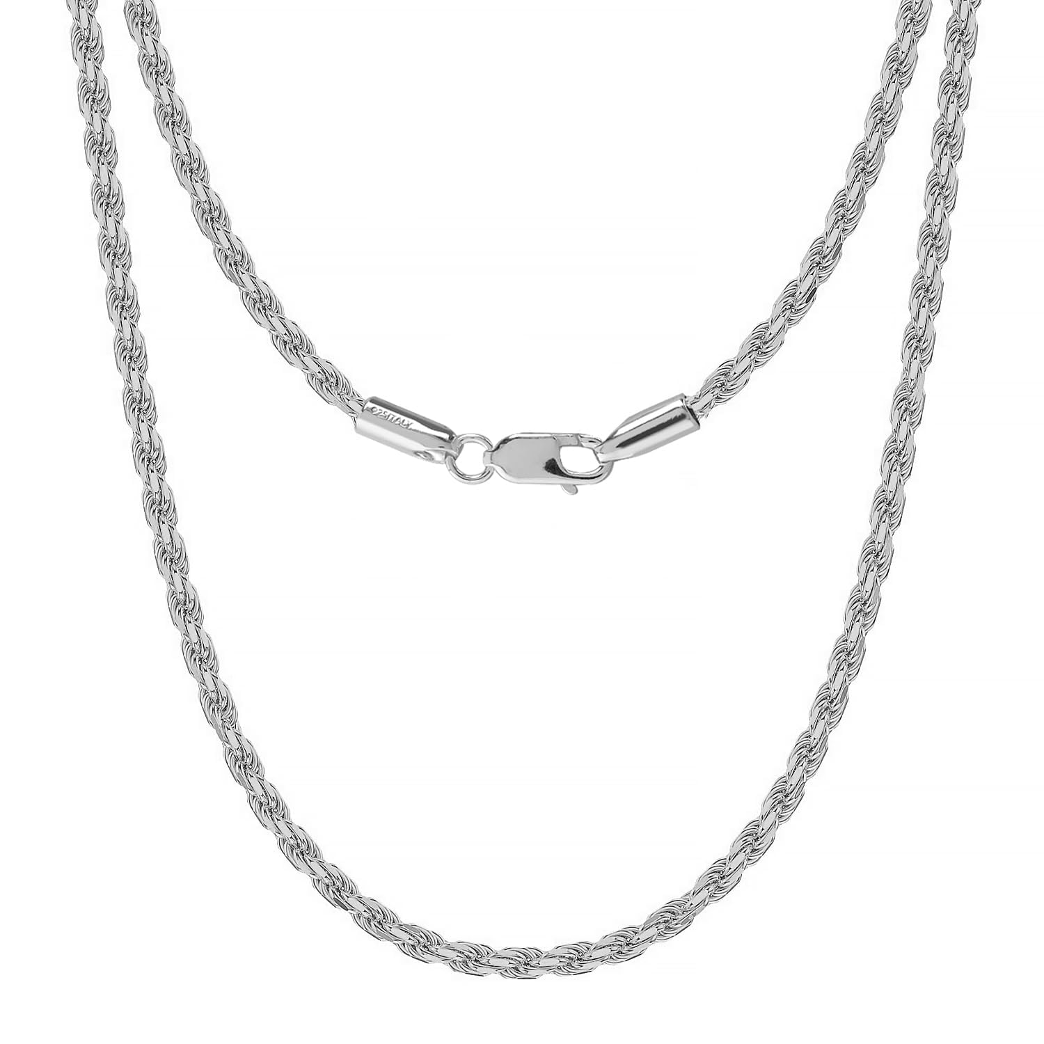 Amazon Brand – Nora Nico 925 Sterling Silver BIS Hallmarked Italian 2MM, 3MM Diamond-Cut Twisted Rope Chain Necklace for Women Girls and Men with Lobster Claw Clasp (18, 20, 22, 24,26 Inches)