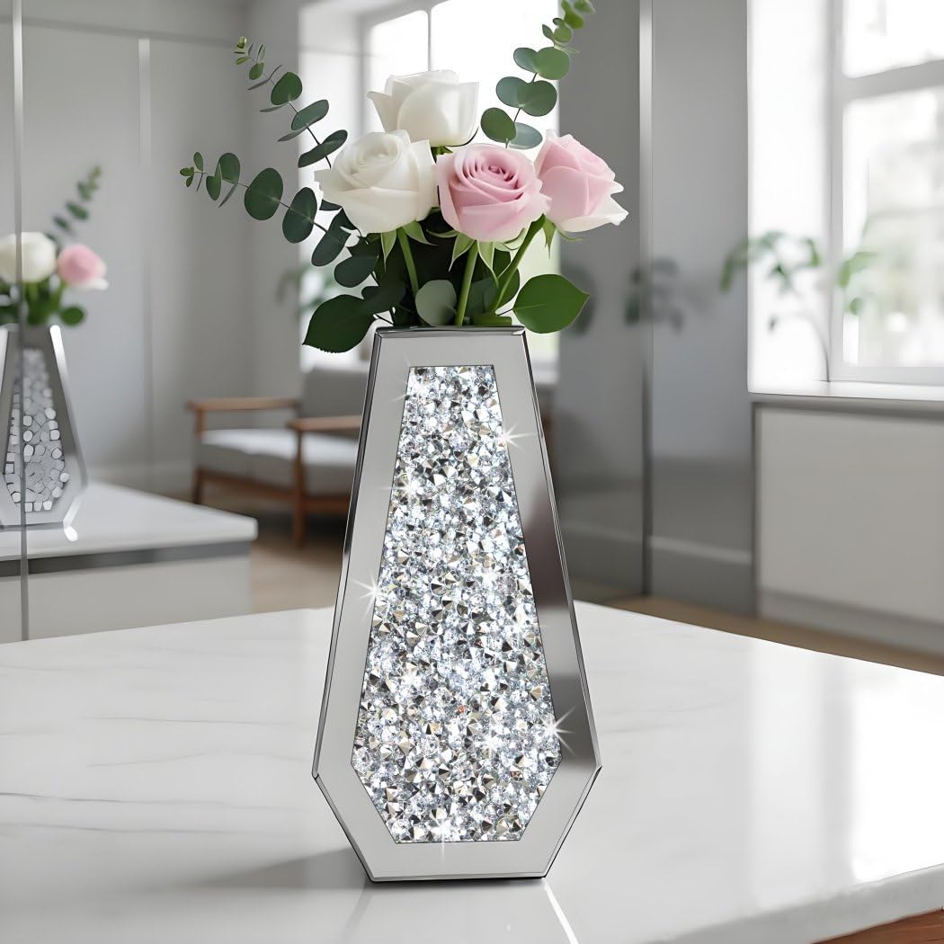Flower Vase Crushed Diamond Mirrored Vase Crystal Silver Glass Decorative Mirror Vase Large Size Luxury for Home Decor. Diamond Shape Thickened. Can’t Hold Water. - Image 5
