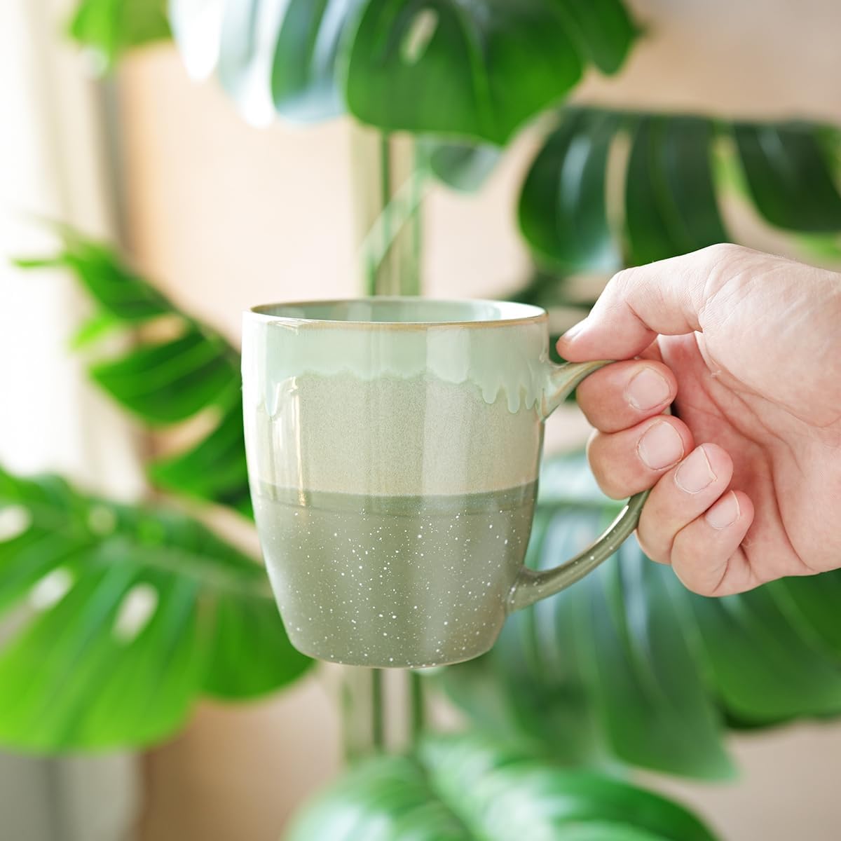 Bosmarlin Ceramic Coffee Mug Set of 4, 17 Oz, Green Coffee Cups with Big Handle, Microwave Safe, Unique Reactive Glaze - Image 6